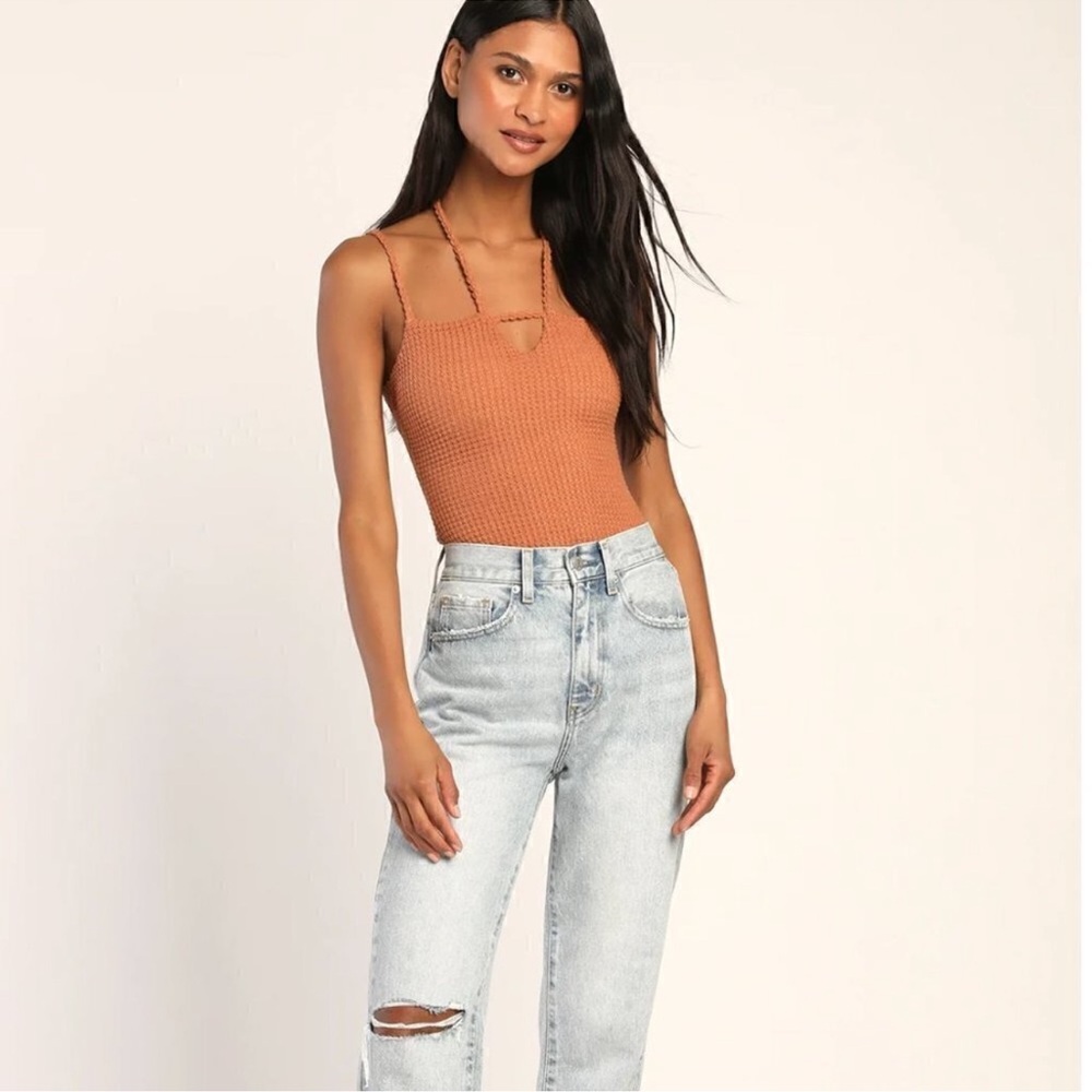 Lulus Brooklyn girl waffle knit rust orange brown bodysuit Size Medium